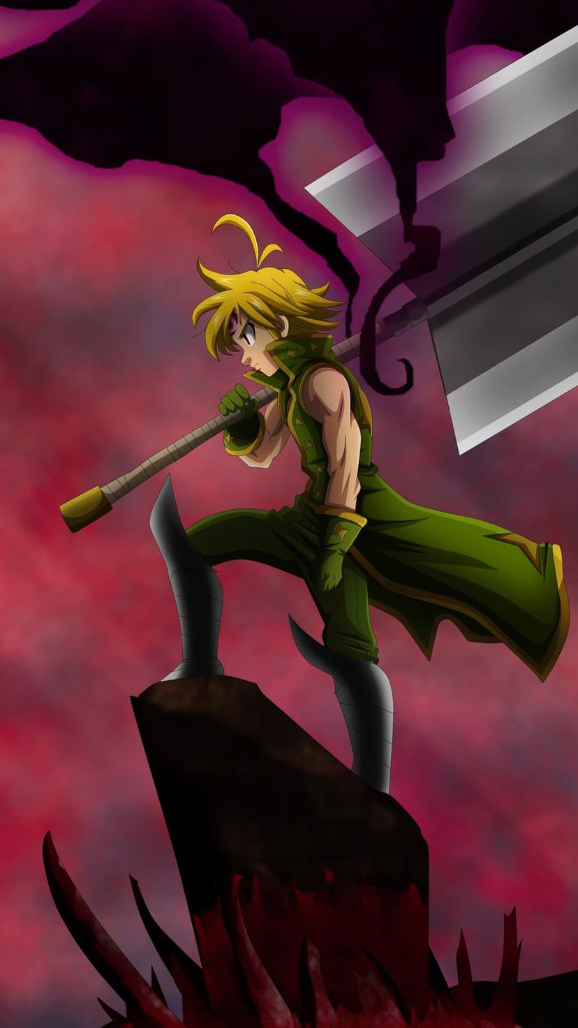 Meliodas stands on a cliff holding a broken dragon sword under a dark sky with red and black storm clouds.