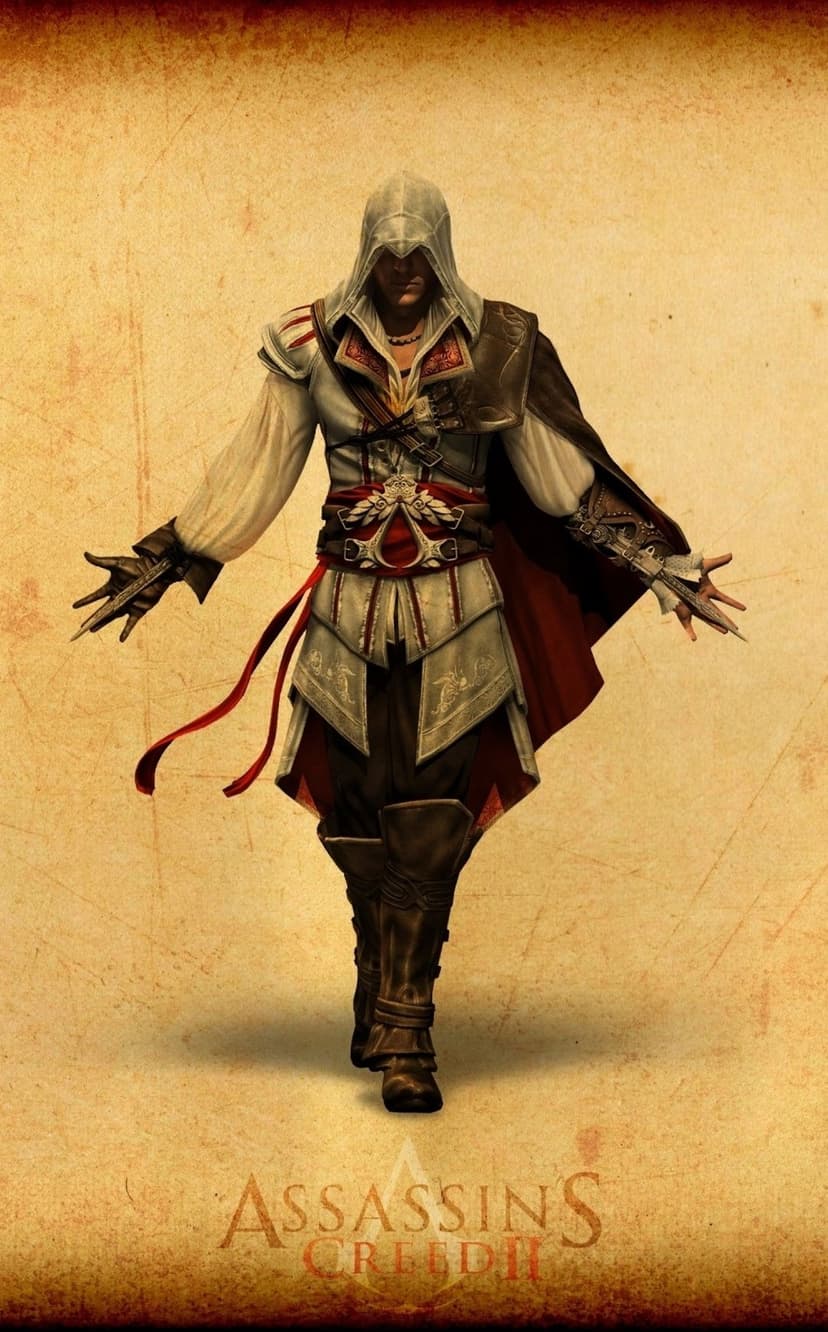 Ezio Auditore wearing white and red hooded robes with arms outstretched against a vintage parchment background.