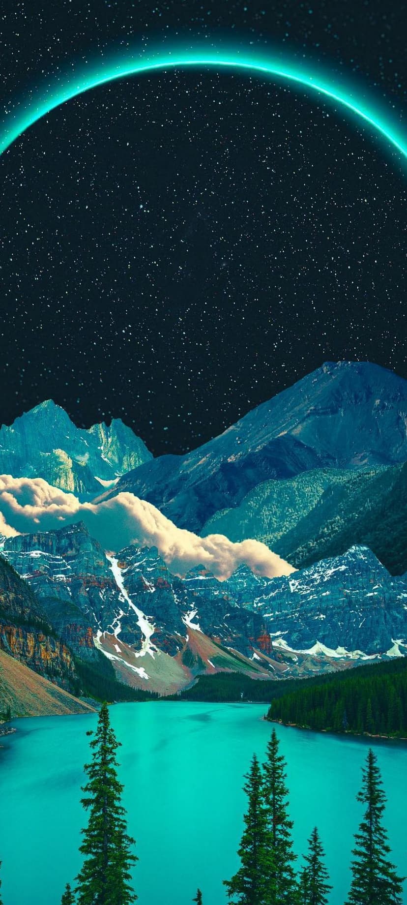 Snow-capped mountains reflect in a turquoise lake beneath a starry sky and a glowing aquamarine celestial ring.