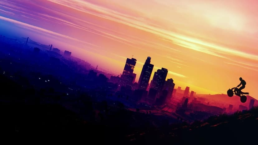 Silhouetted ATV rider jumping in front of a vibrant purple and orange sunset city skyline with a tilted horizon.