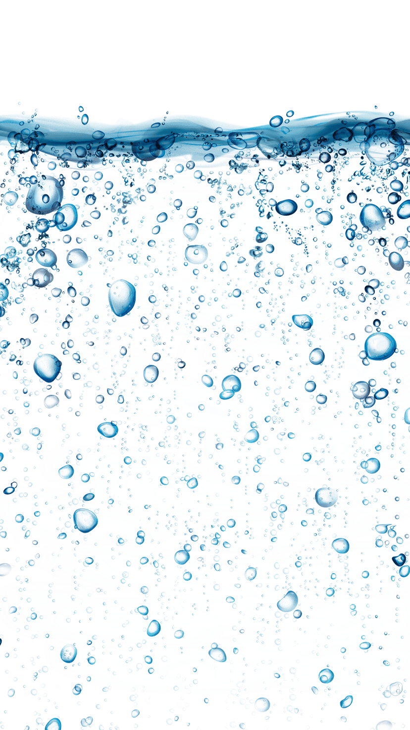 Blue liquid oxygen bubbles and transparent water droplets floating in a group with realistic reflections.