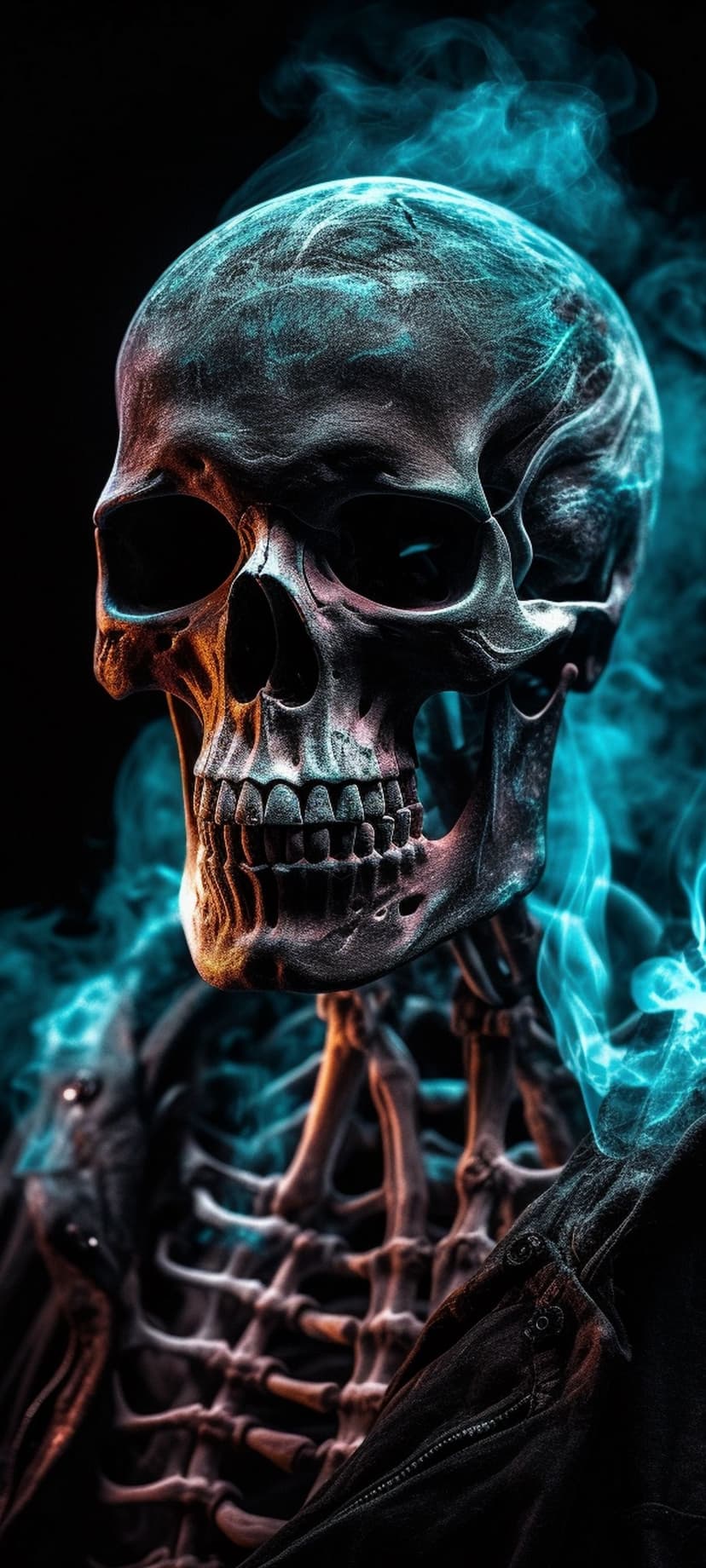 Human skull with warm orange lighting surrounded by swirling wisps of bright blue smoke on a black background.