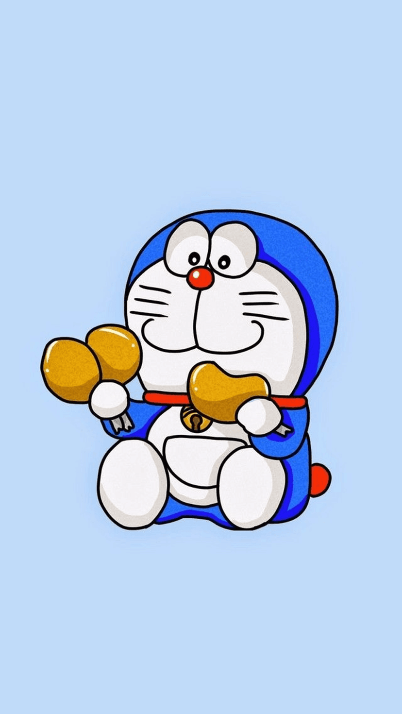Doraemon smiles widely while holding two chicken drumsticks against a minimalist solid light blue background.