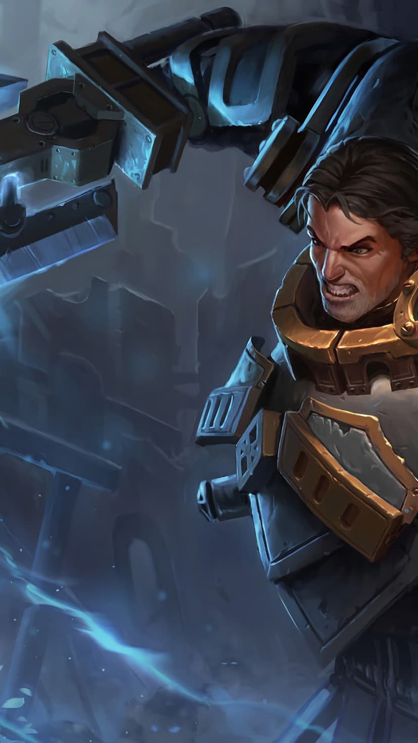 Fierce armored warrior with gritted teeth wielding a massive glowing blue hammer amidst dark misty ruins.