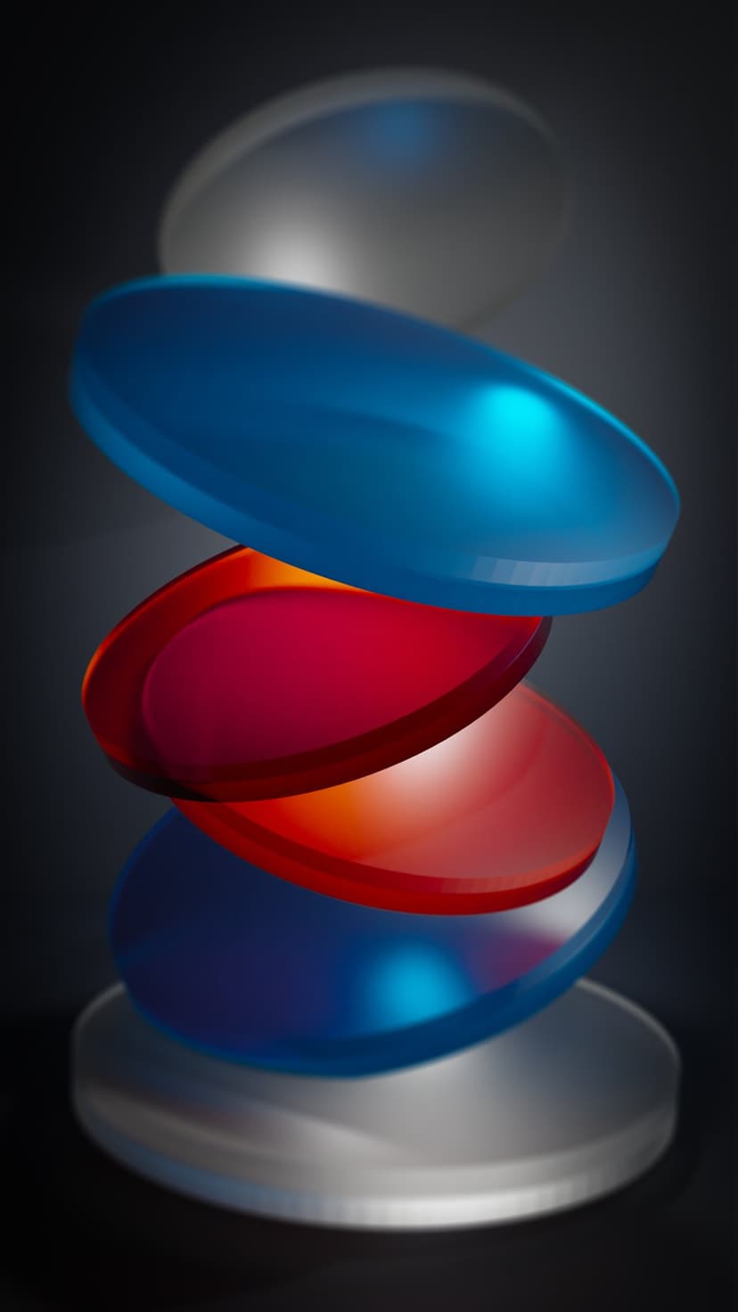 Translucent rounded 3D shapes stacked on a clear base with red and blue gradients against a dark background.