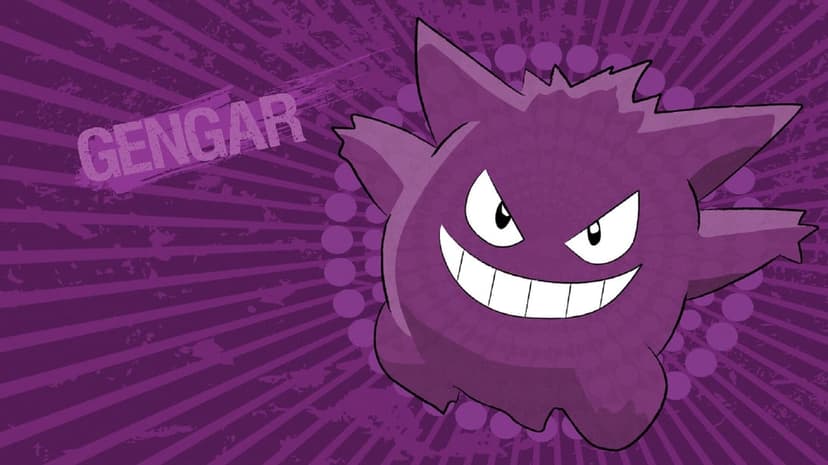 Gengar Pokemon with a large grin on a purple radial background with sunburst lines and grunge textures.