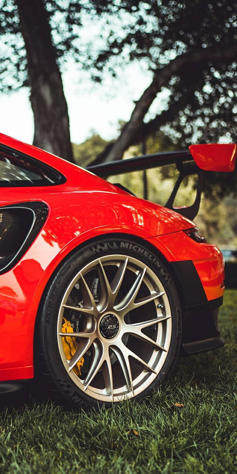 Red Porsche 911 GT3 RS wheel with golden rims and yellow calipers parked on green grass with a blurred background.