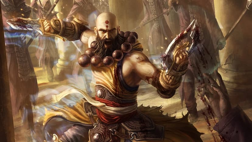 Muscular bald monk with a beard and prayer beads wielding blood-stained fist blades in a temple battle scene.