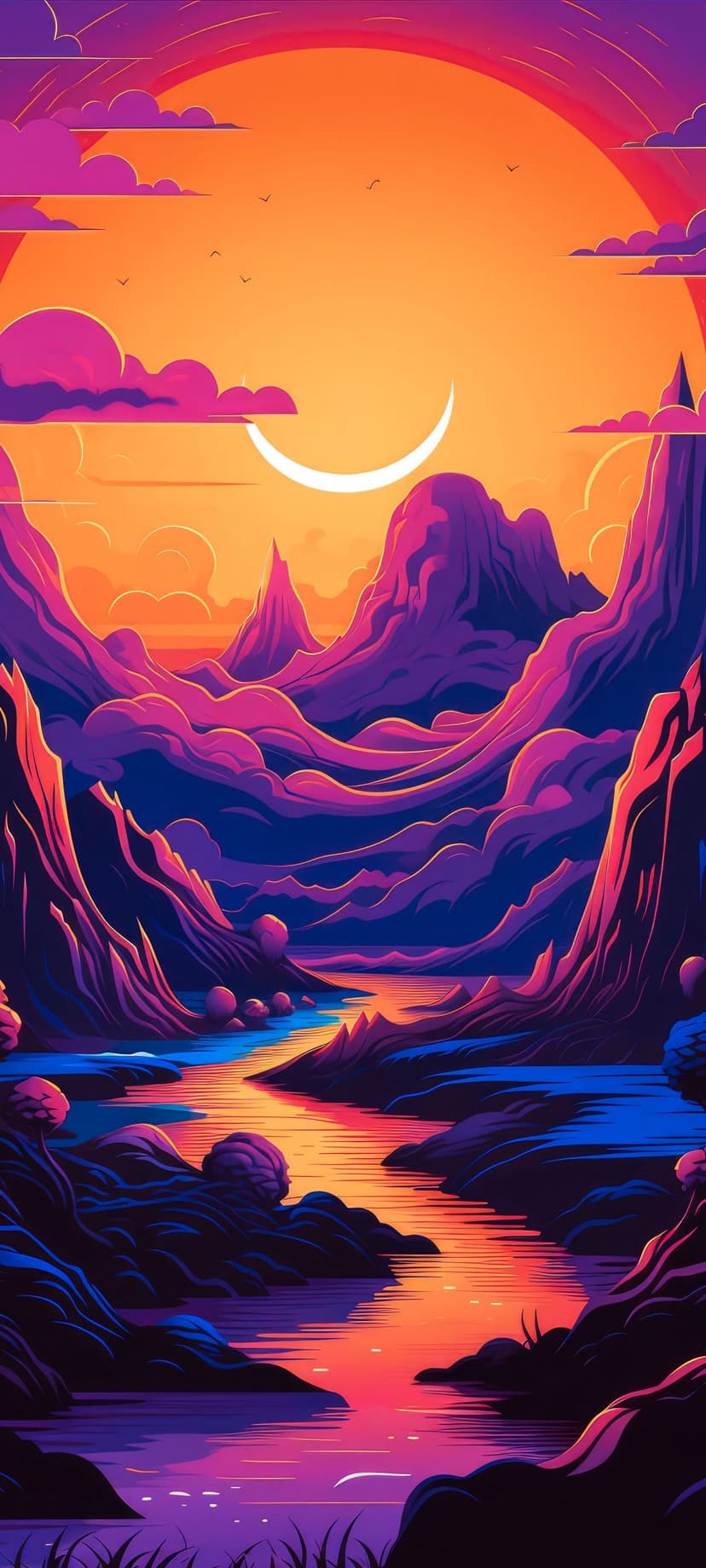 Giant crescent moon looms over purple mountain peaks and a reflective orange river in a vibrant alien landscape.