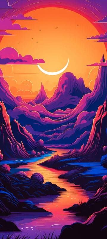 Vibrant Cosmic Landscape with Crescent Moon and River