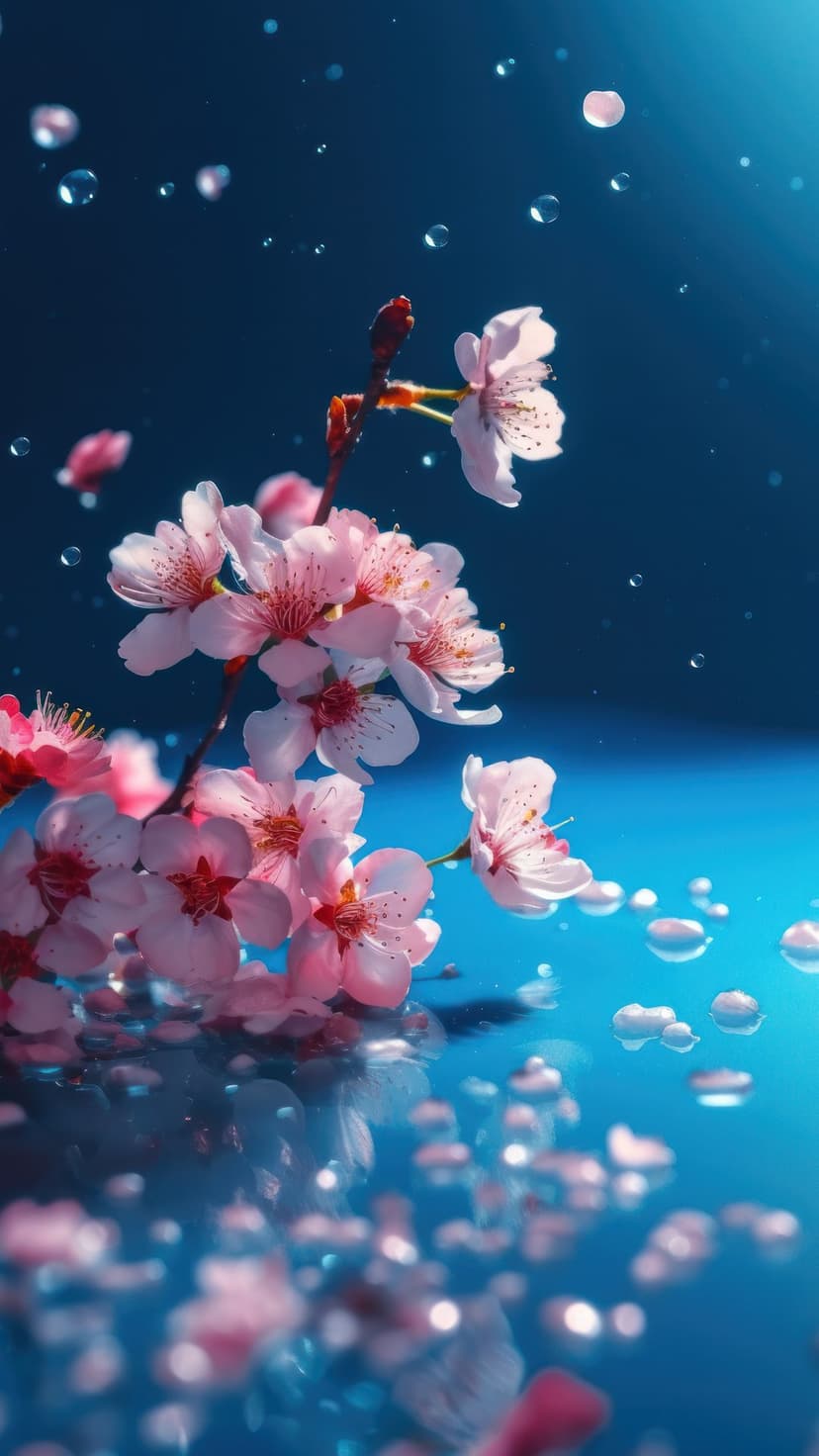 Pink cherry blossom petals with tiny raindrops float on a reflective blue water surface during a spring rain.