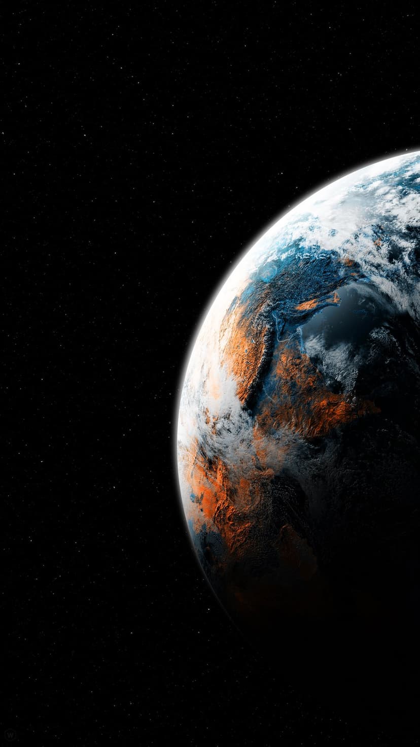 Exotic alien planet featuring orange landmasses and blue oceans glowing against a dark starry cosmos.