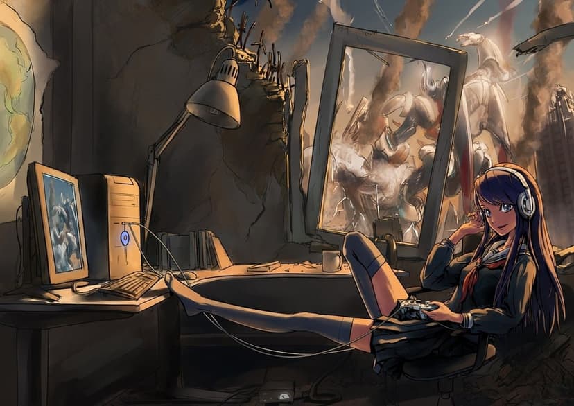 Anime girl playing games at a desk while giant robots fight outside a broken window in a ruined city.