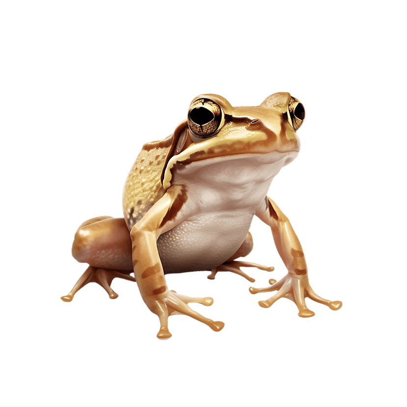 Golden brown frog with moist skin and webbed feet positioned in three-quarter view against a black background.
