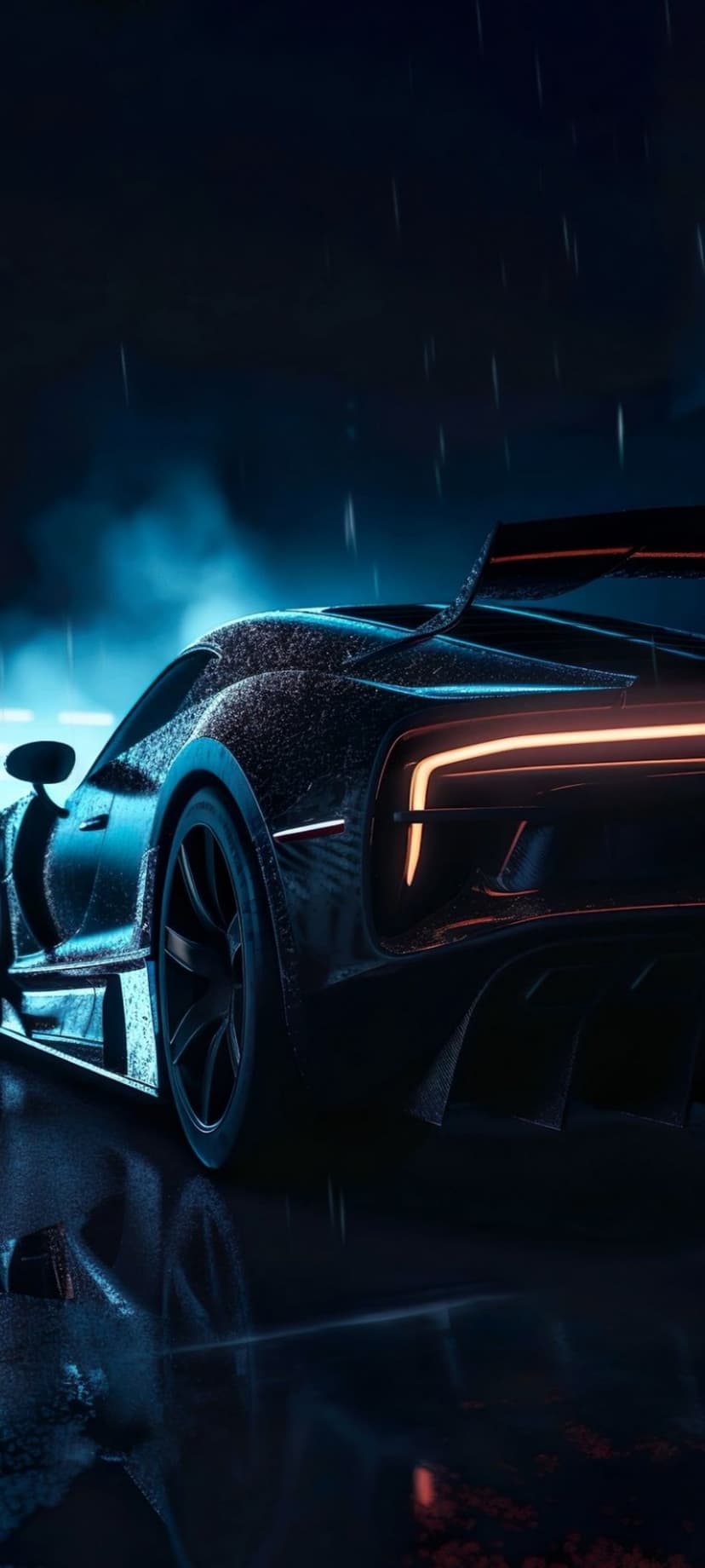 Futuristic black supercar with glowing amber taillights on a wet night road during a misty rain storm.