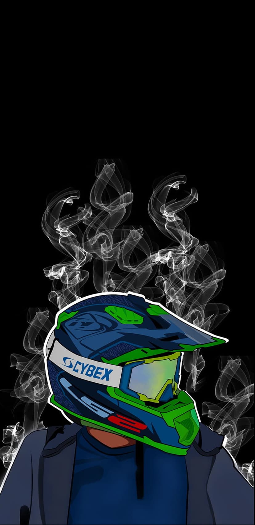 Motocross rider wearing a blue and green helmet with goggles as white smoke drifts against a black background.