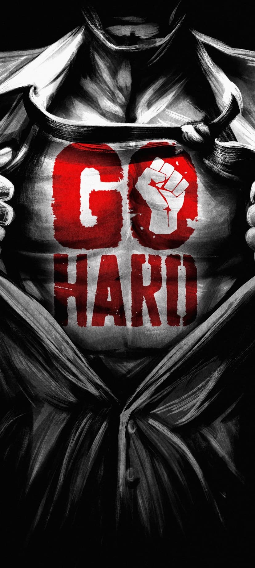 Person ripping open a shirt to reveal red Go Hard text and a fist icon against a black and white background.