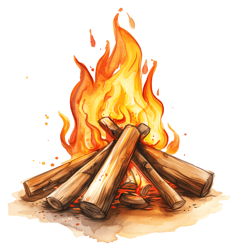 Campfire illustration showing burning wooden logs with bright orange flames and glowing embers against transparency.