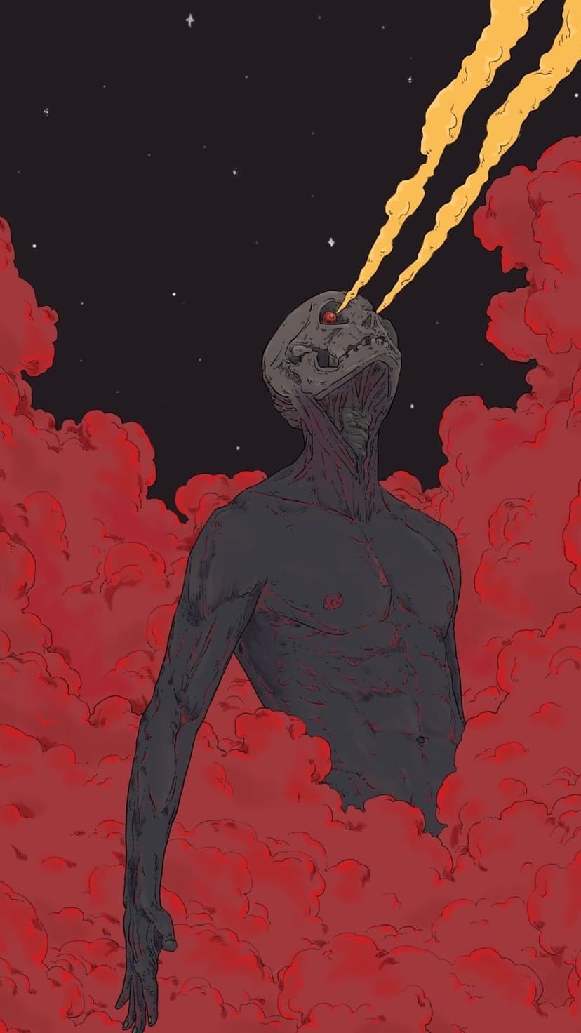 Skeletal cosmic entity emitting bright yellow eye beams while emerging from a swirling crimson nebula cloud.