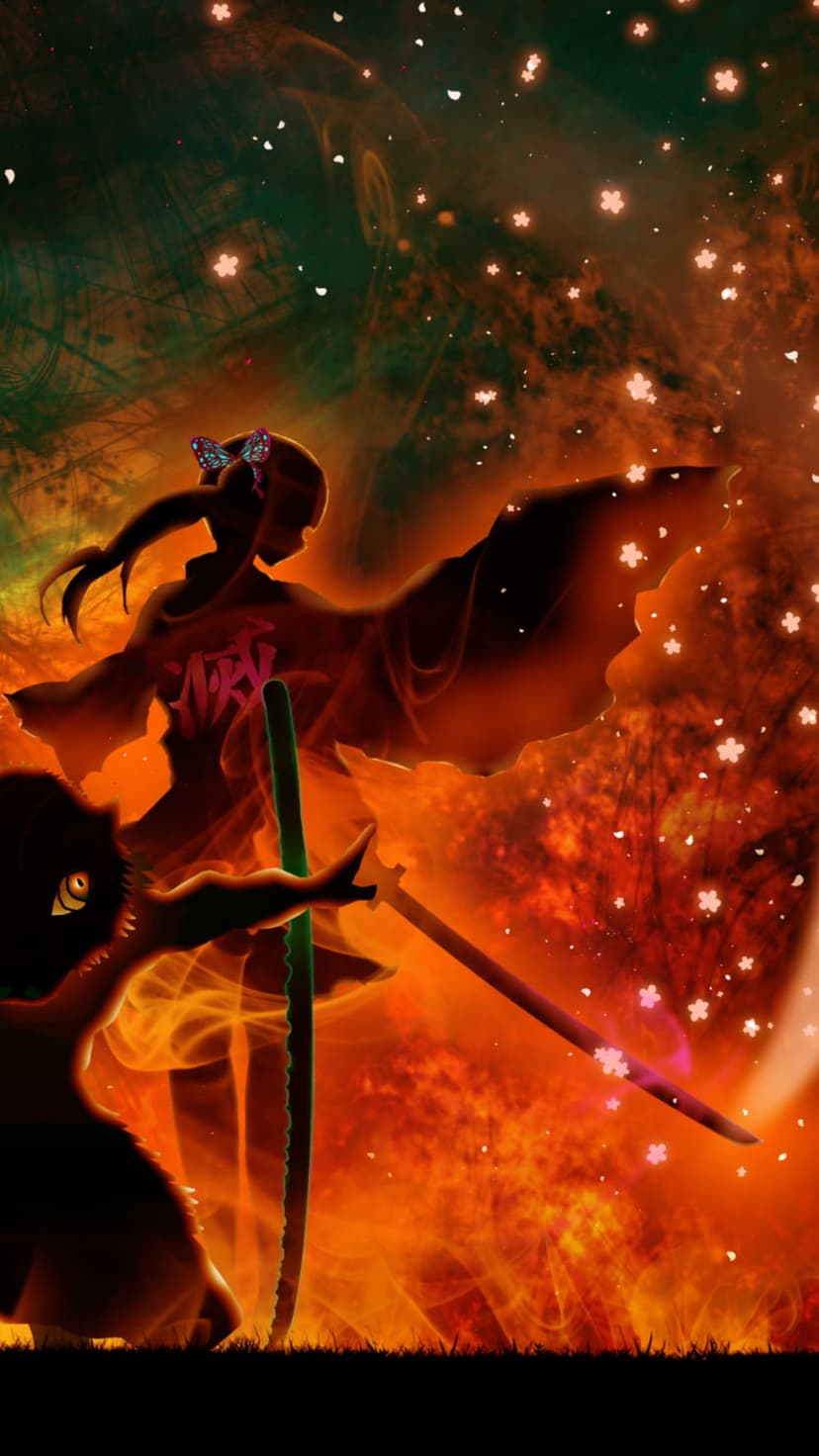 Two female warriors hold katanas against a backdrop of orange flames and falling pink cherry blossom petals.