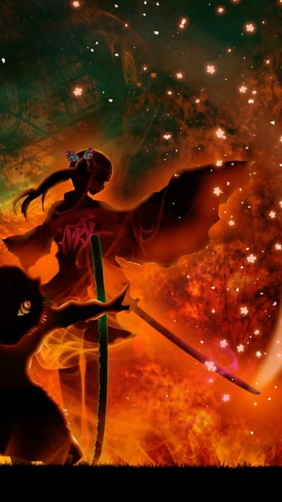 Anime girls with swords in fiery cherry blossom scene