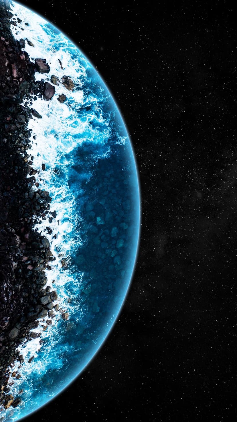A dark rocky coastline meets a bright blue ocean under a vast star-filled cosmic sky on a distant exoplanet.