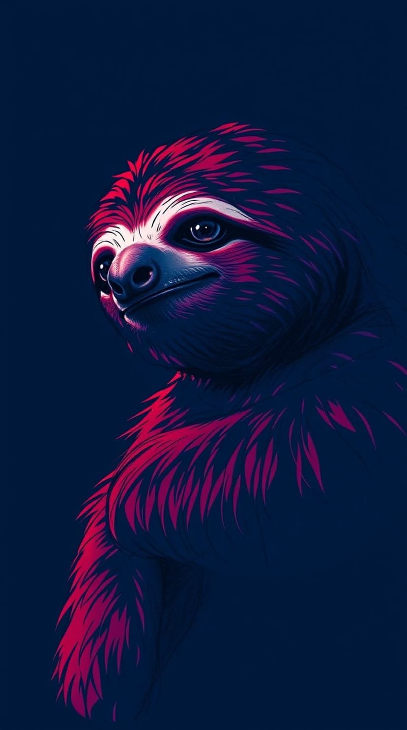 Sloth face with glowing pink and magenta fur lines against a dark navy background, featuring large dark eyes.