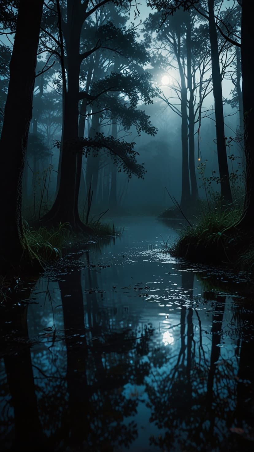 Moonlit forest creek with glowing reflections on the water surface amidst misty dark trees and fog at night.