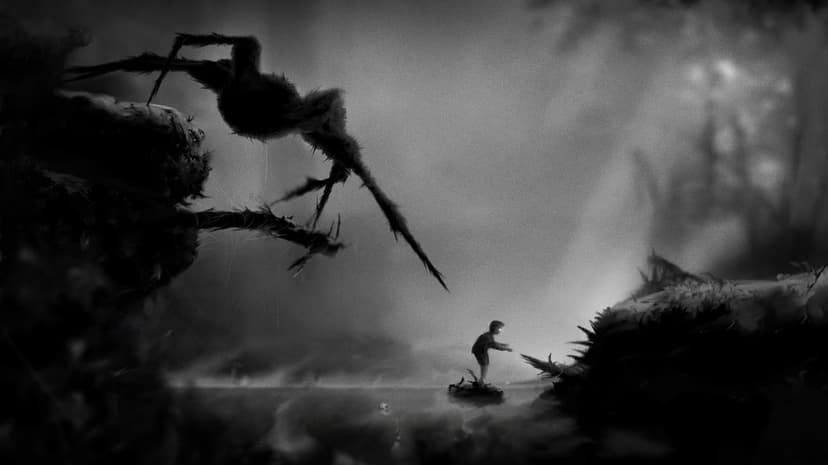 Small boy with glowing eyes faces a massive silhouette spider in a dark, foggy, high-contrast forest scene.