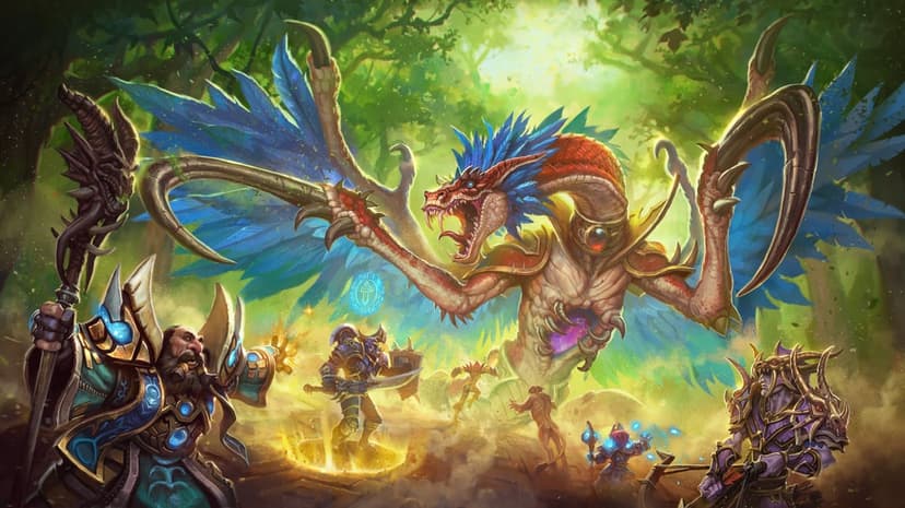 Adventurers battle a giant red and blue winged serpent in a sunlit jungle with magical spell effects.