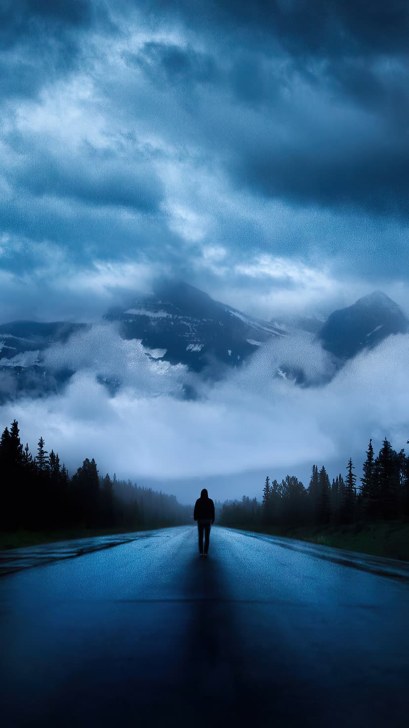 A lone silhouette walks on a wet asphalt road toward misty mountains and evergreen forests under a cloudy sky.