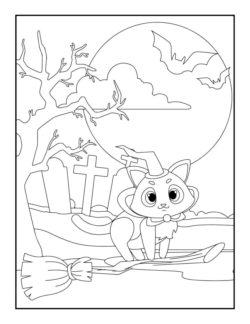 Halloween coloring page featuring a cat wearing a witch hat flying a broomstick past a moon and gravestones.