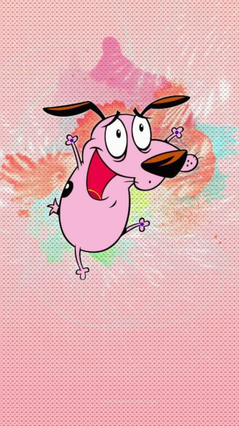 Courage the Cowardly Dog dances with an open mouth and wide eyes over a pink textured watercolor background.