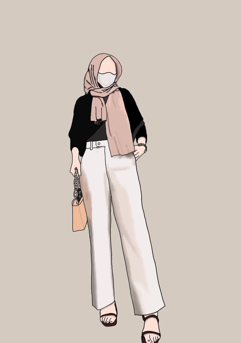 Woman wearing a beige hijab, black mask, and white trousers holds a peach purse in a stylish fashion portrait.