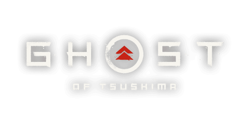 Ghost of Tsushima logo featuring black ink brush strokes and stylized Japanese calligraphy on a clear background.