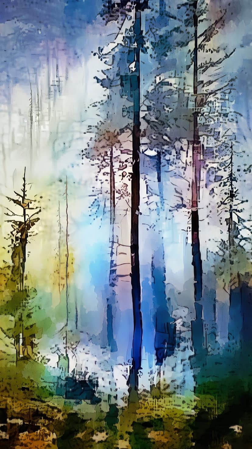 Tall pine trees stand amidst a hazy blue and green mist with bright yellow sunlight filtering through the woods.