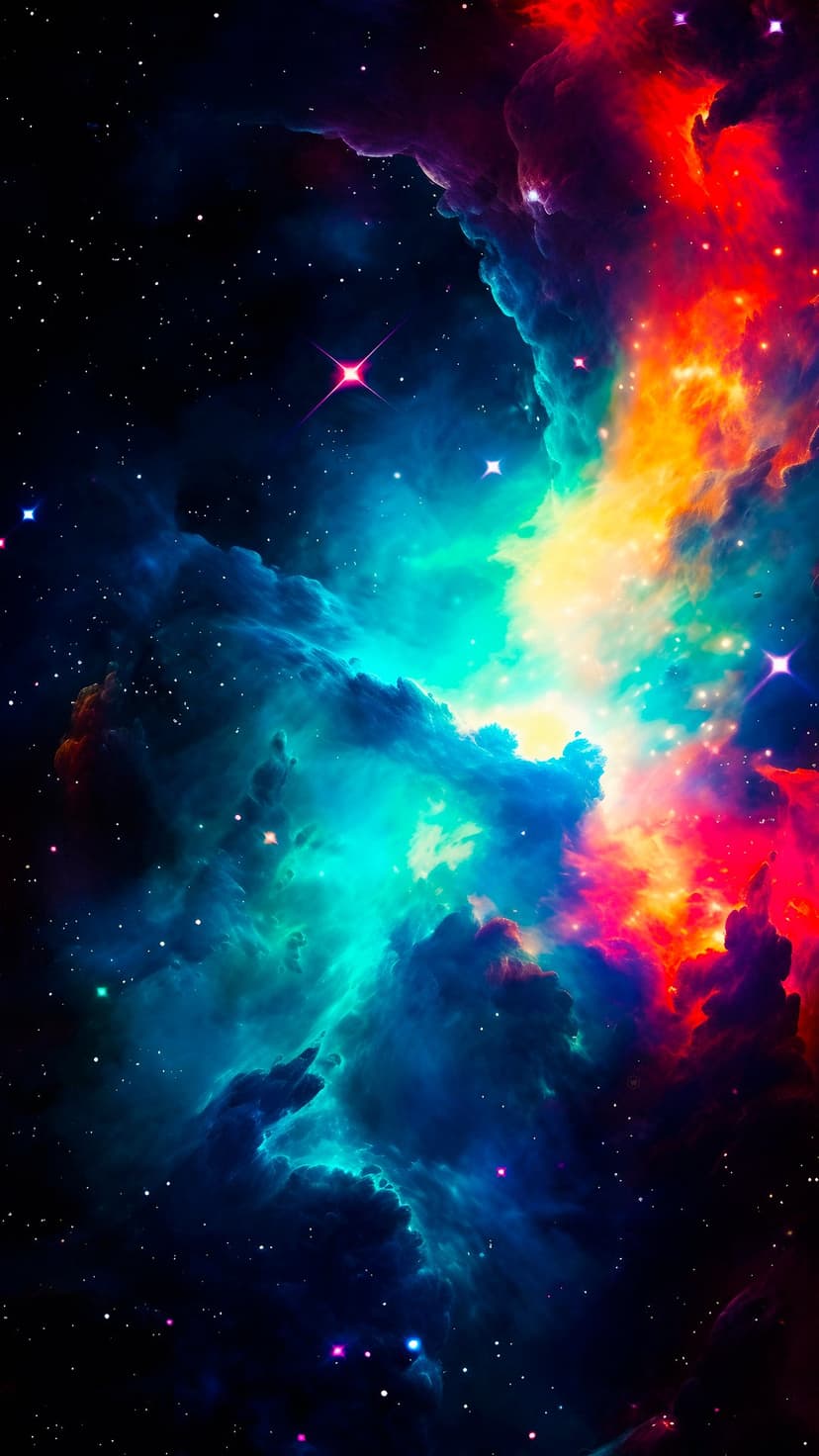 Swirling clouds of blue, orange, and red cosmic gas surrounded by bright stars and distant spiraling galaxies.