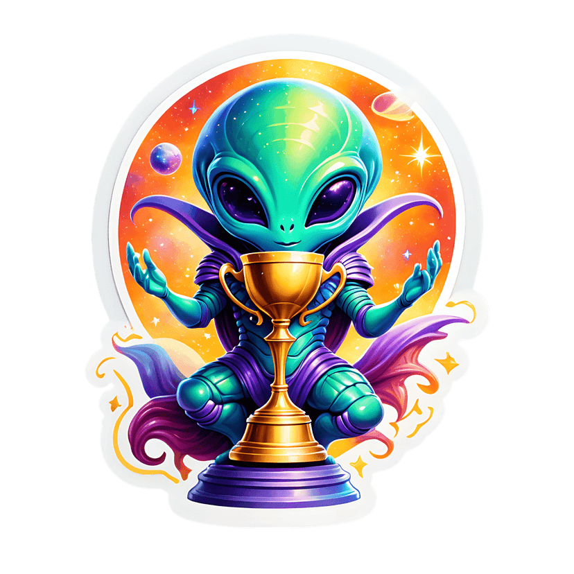 Green alien sticker holding a gold trophy against an orange starfield background with a bold white border.