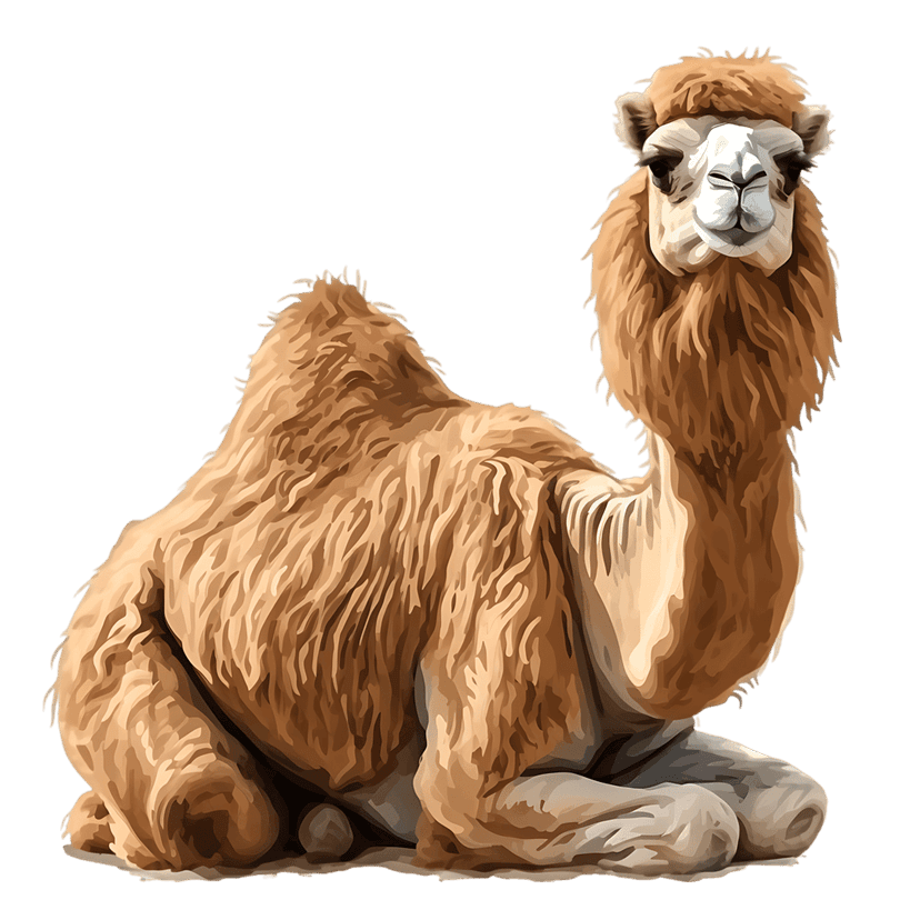 Seated dromedary camel illustration featuring shaggy tan fur and relaxed posture on a dark background.