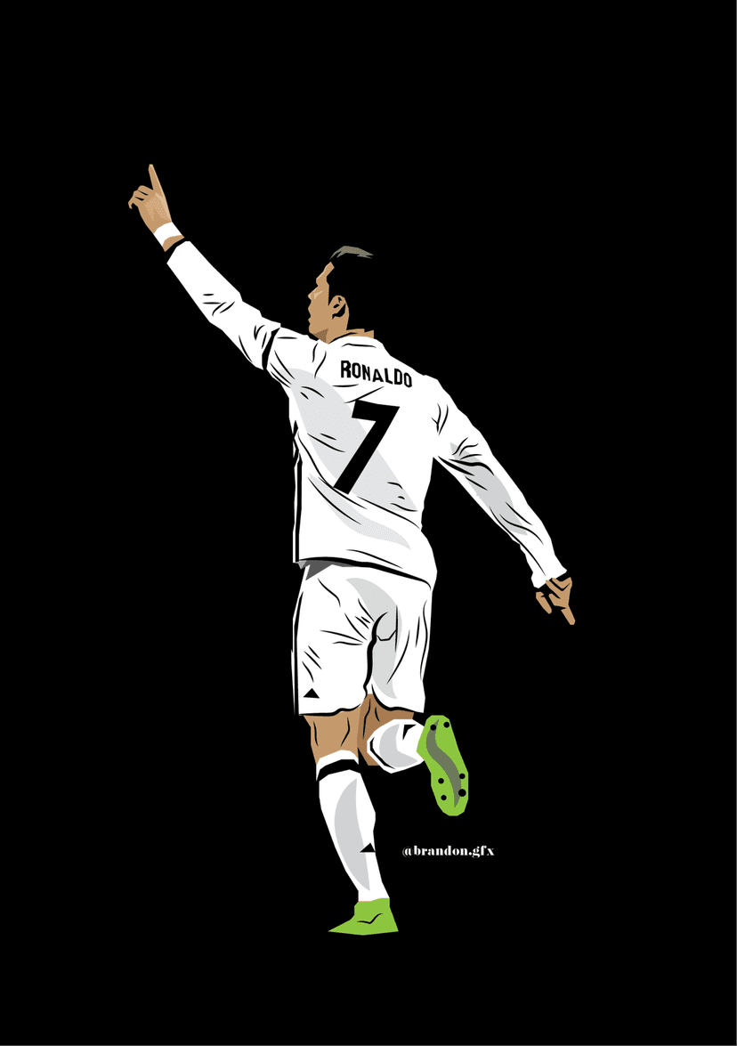 Cristiano Ronaldo from behind wearing a white number 7 jersey pointing upward against a solid black background.