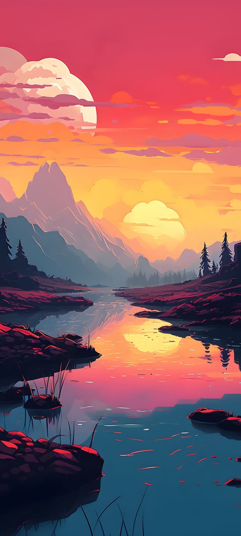 Snow-capped peaks rise behind a calm lake with an orange sunset sky and a red rocky shoreline in the foreground.