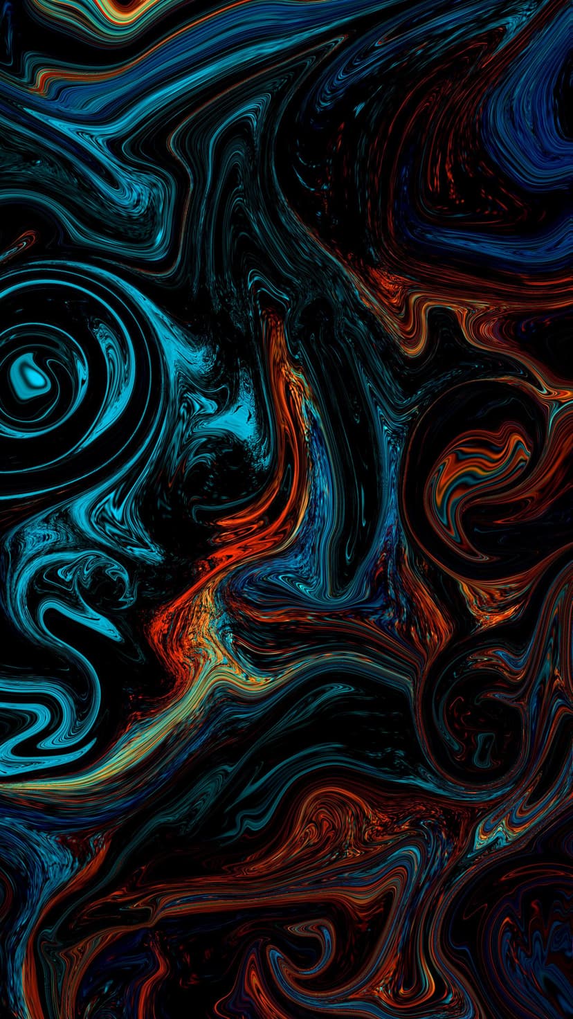 Swirling cyan and orange liquid plumes intersect with detailed ink textures over a deep black background.