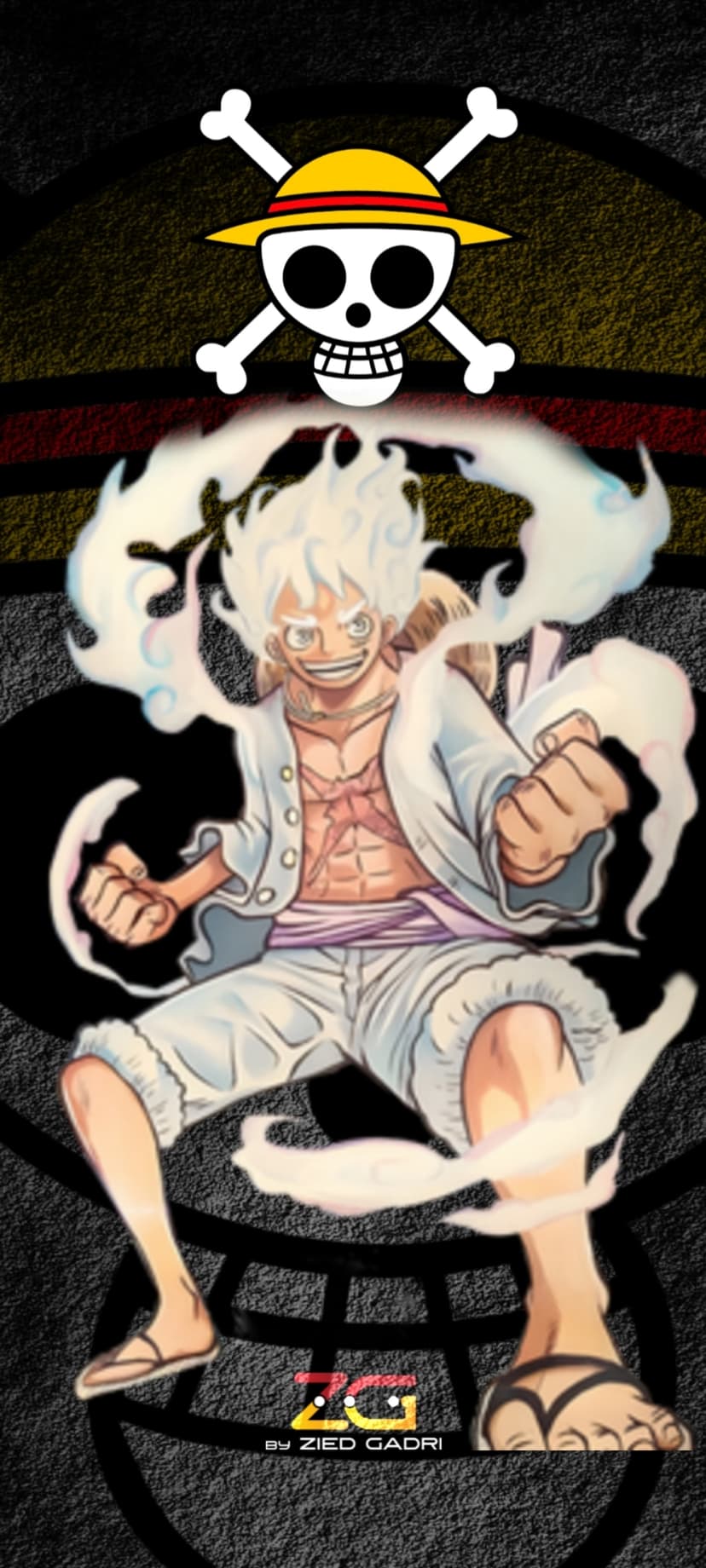 Monkey D. Luffy in Sun God Nika form with white flowing hair and clouds against a Straw Hat Jolly Roger logo.