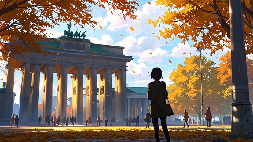 A lone silhouette stands before the Brandenburg Gate framed by falling orange autumn leaves and a cloudy sky.