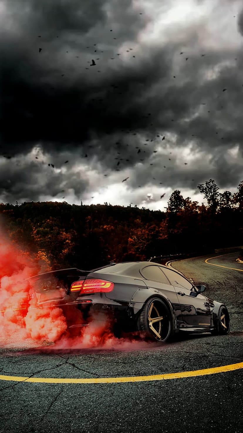 Black sports car drifting with thick red tire smoke under a dark stormy sky filled with silhouettes of birds.