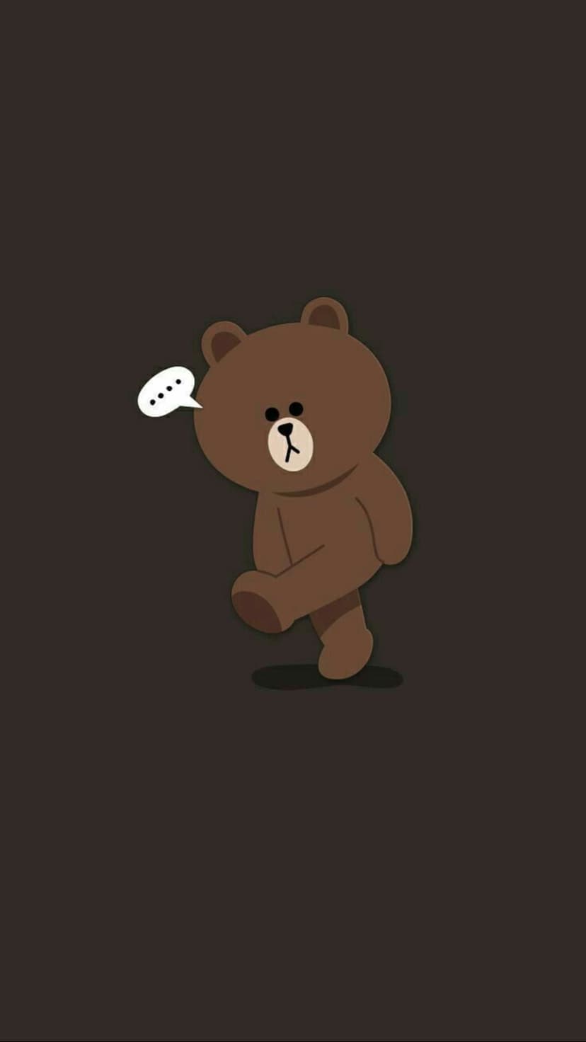Brown bear character walking under a white speech bubble with three dots on a solid dark brown background.