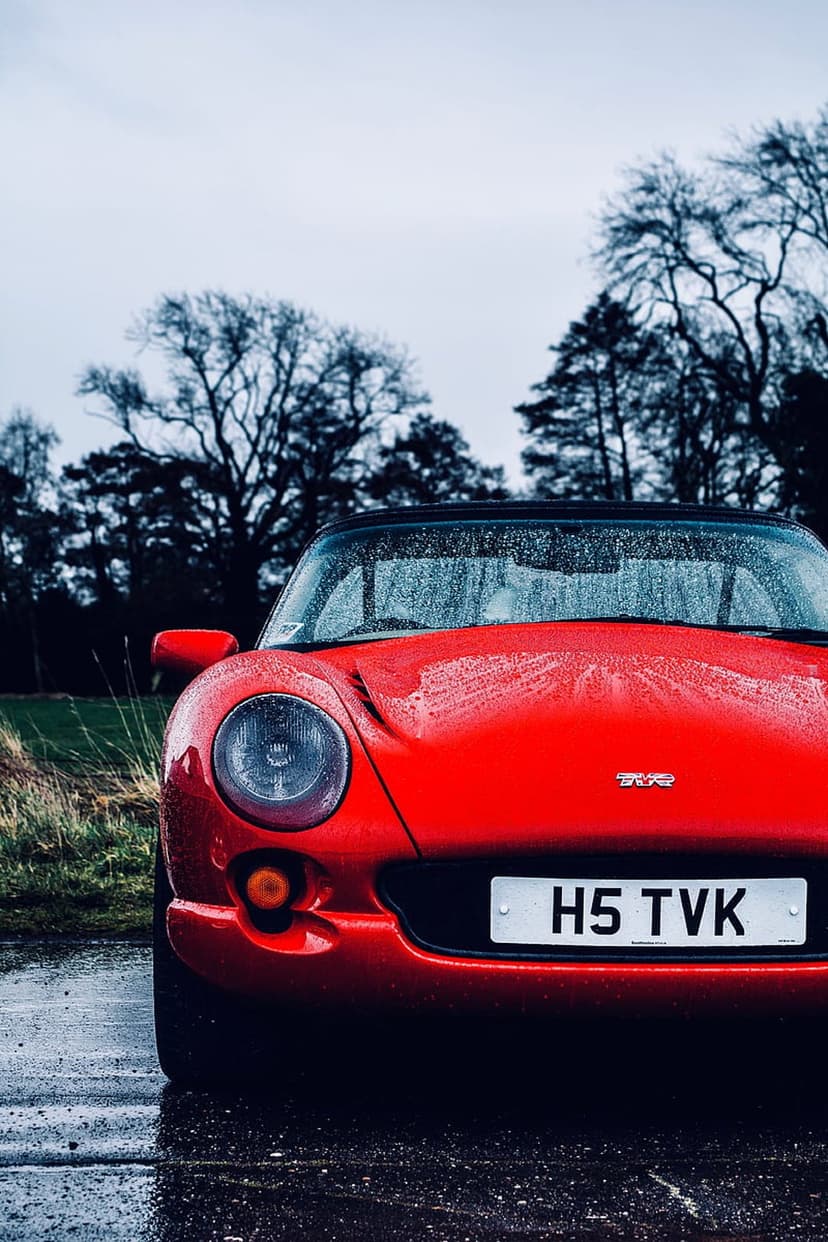 Red TVR sports car parked on a reflective wet road with a background of bare trees under an overcast gray sky.