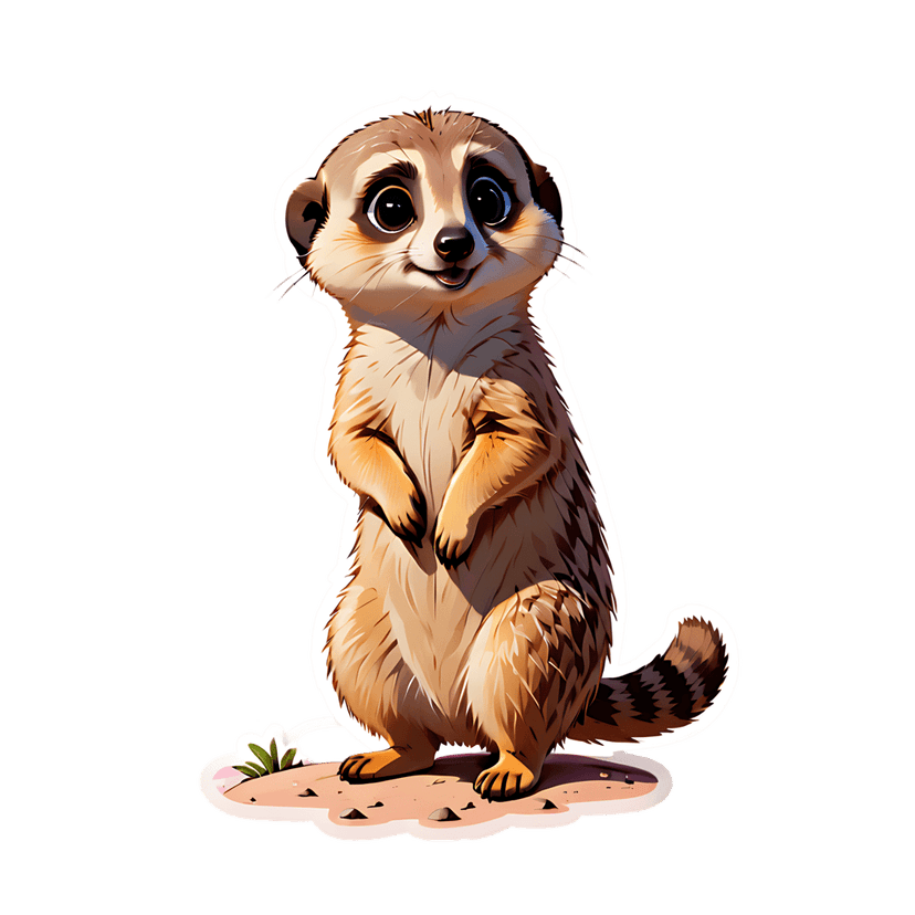 Meerkat sticker illustration standing upright with fluffy brown fur, black eyes, and a thick white outline.
