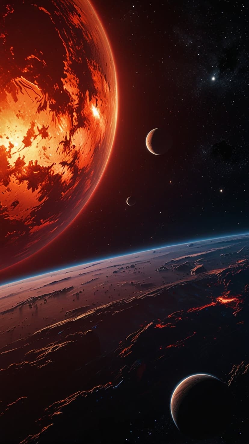 A massive glowing orange planet and silver crescent moons hover above a jagged, molten volcanic landscape.