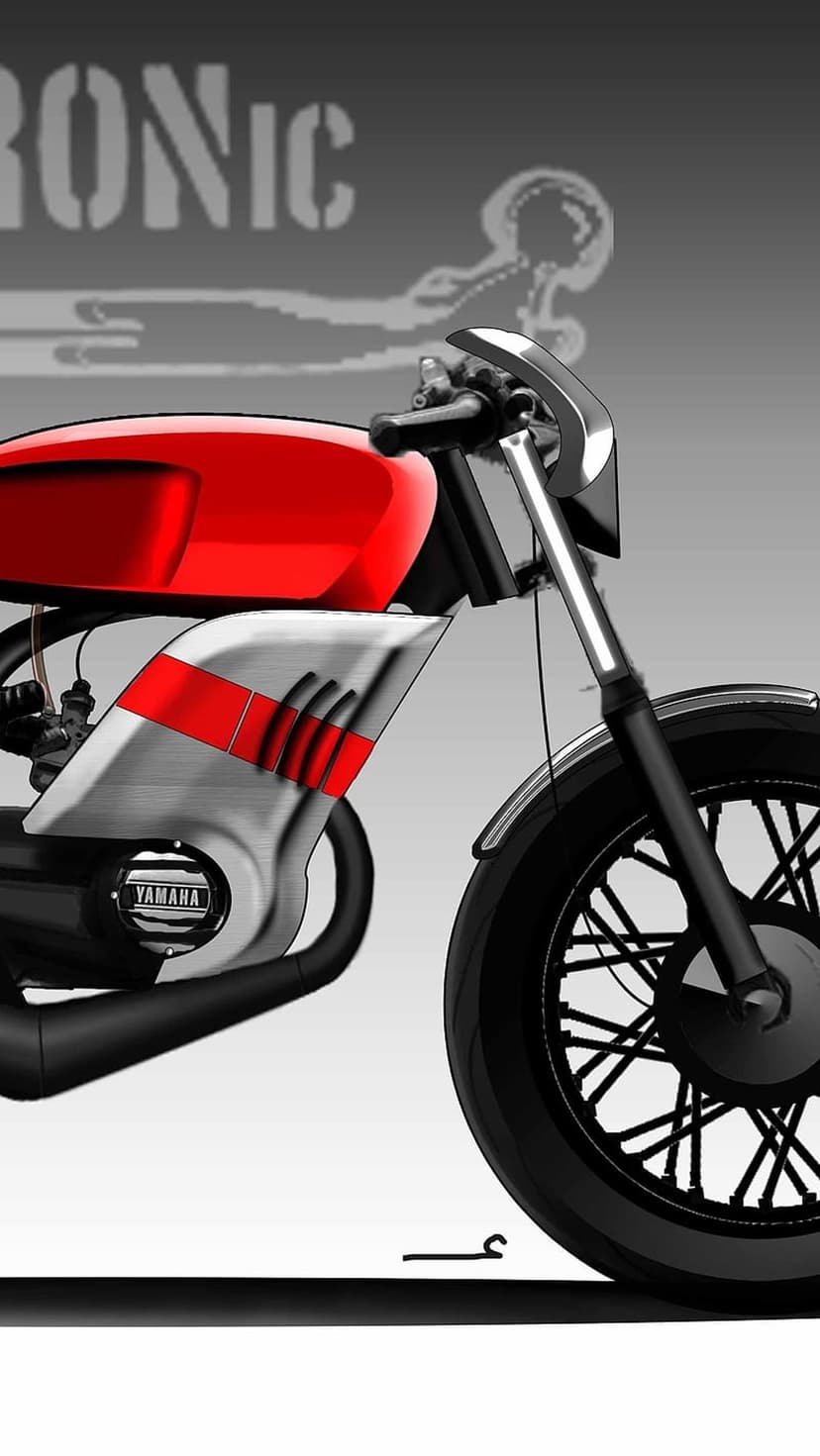 Vintage Yamaha motorcycle with a red fuel tank, chrome engine parts, and spoked wheels on a grey background.
